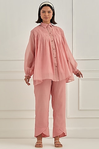 Peach Mul Chanderi Floral Embroidered Co-Ord Set by Cupid Cotton
