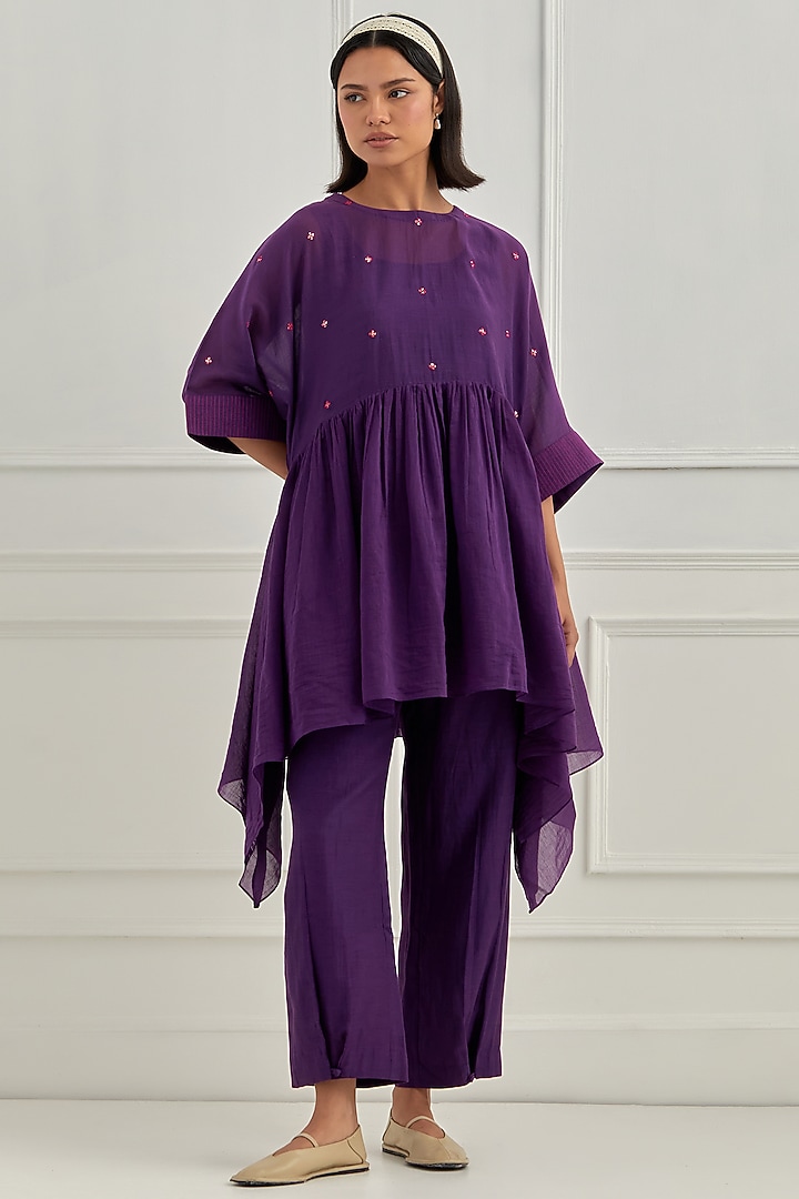 Purple Mul Chanderi Aari Embroidered Co-Ord Set by Cupid Cotton at Pernia's Pop Up Shop