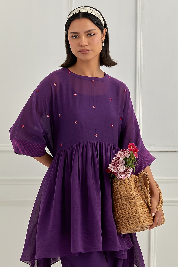Purple Mul Chanderi Aari Embroidered Co-Ord Set by Cupid Cotton at Pernia's Pop Up Shop