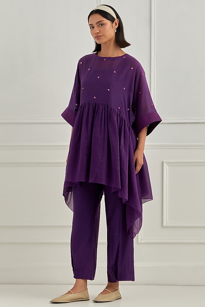 Purple Mul Chanderi Aari Embroidered Co-Ord Set by Cupid Cotton at Pernia's Pop Up Shop