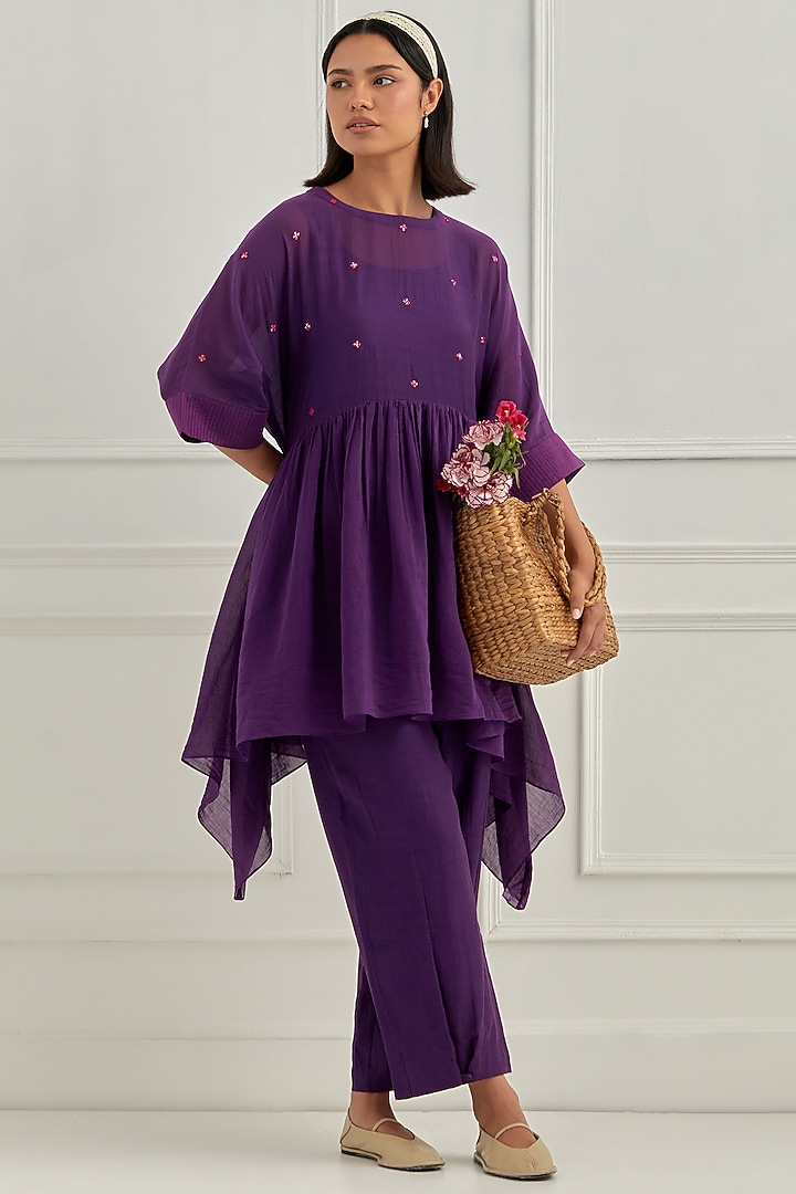 Purple Mul Chanderi Aari Embroidered Co-Ord Set by Cupid Cotton at Pernia's Pop Up Shop