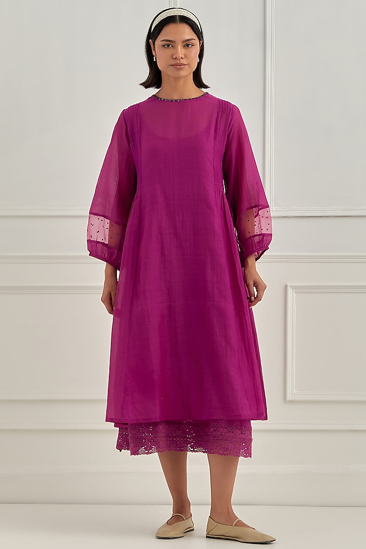 Magenta Mul Chanderi Sequins Embroidered Summer Dress by Cupid Cotton at Pernia's Pop Up Shop