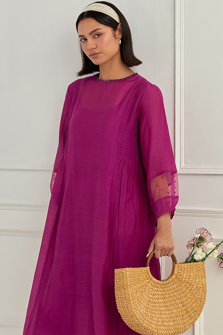 Magenta Mul Chanderi Sequins Embroidered Summer Dress by Cupid Cotton at Pernia's Pop Up Shop