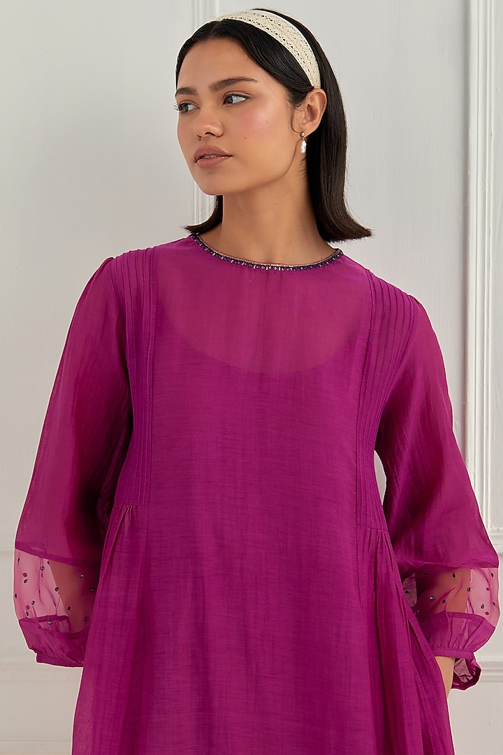 Magenta Mul Chanderi Sequins Embroidered Summer Dress by Cupid Cotton at Pernia's Pop Up Shop