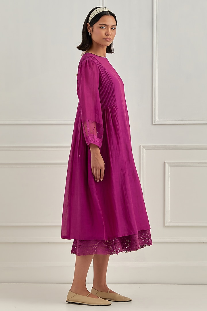 Magenta Mul Chanderi Sequins Embroidered Summer Dress by Cupid Cotton at Pernia's Pop Up Shop