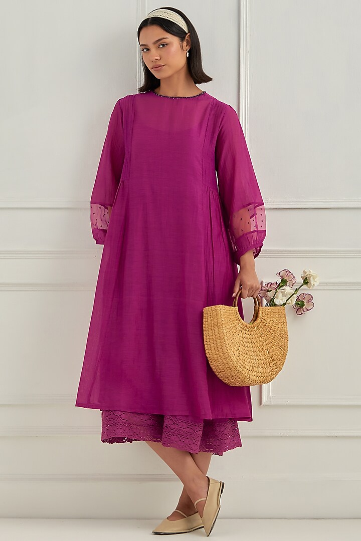 Magenta Mul Chanderi Sequins Embroidered Summer Dress by Cupid Cotton at Pernia's Pop Up Shop