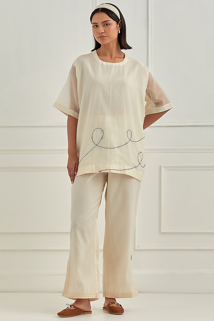 Ivory Mul Chanderi Hand Embroidered Co-Ord Set by Cupid Cotton at Pernia's Pop Up Shop