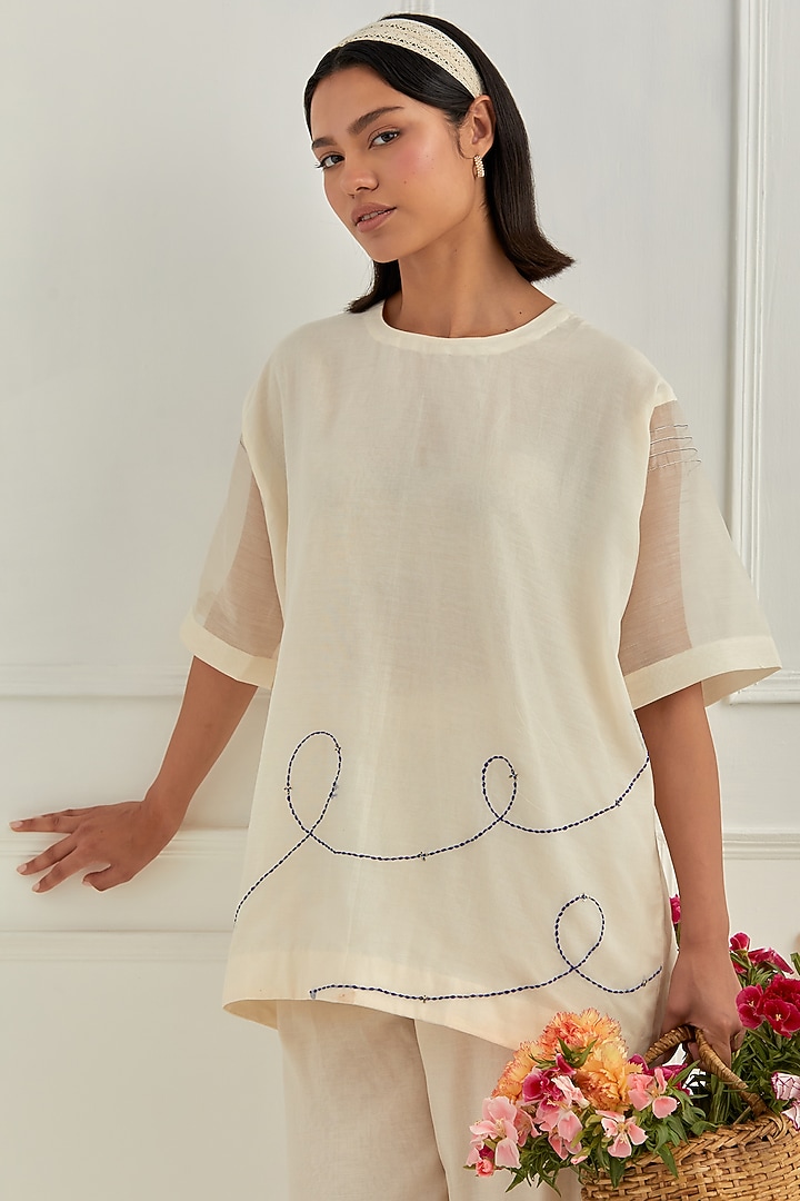 Ivory Mul Chanderi Hand Embroidered Co-Ord Set by Cupid Cotton at Pernia's Pop Up Shop