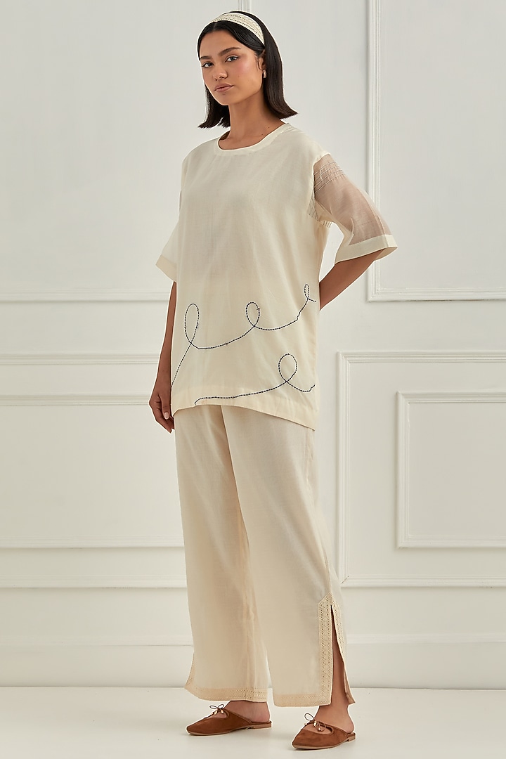 Ivory Mul Chanderi Hand Embroidered Co-Ord Set by Cupid Cotton at Pernia's Pop Up Shop