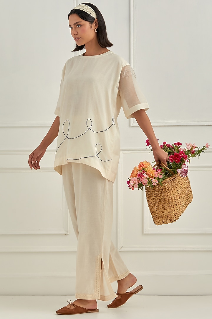 Ivory Mul Chanderi Hand Embroidered Co-Ord Set by Cupid Cotton at Pernia's Pop Up Shop