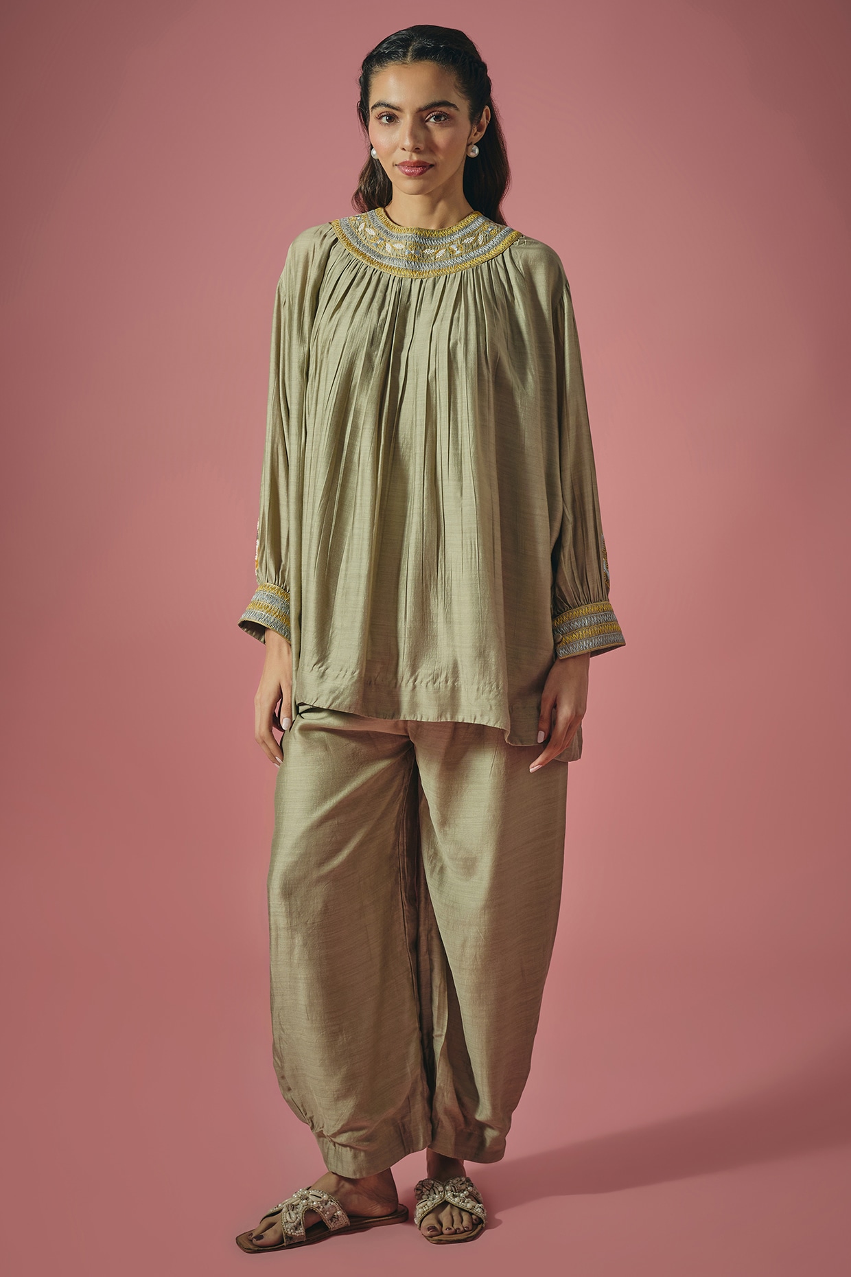 Cupid Cotton Grey Silk Resham & Poth Embroidered Co-ord Set