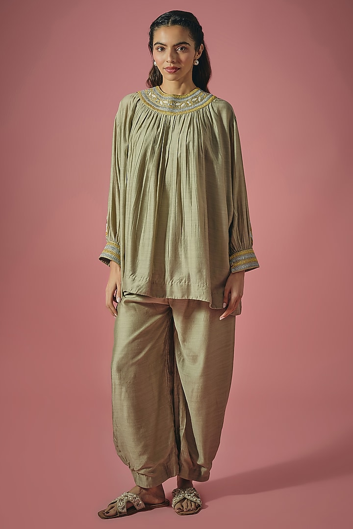 Grey Silk Resham & Poth Embroidered Co-ord Set by Cupid Cotton at Pernia's Pop Up Shop