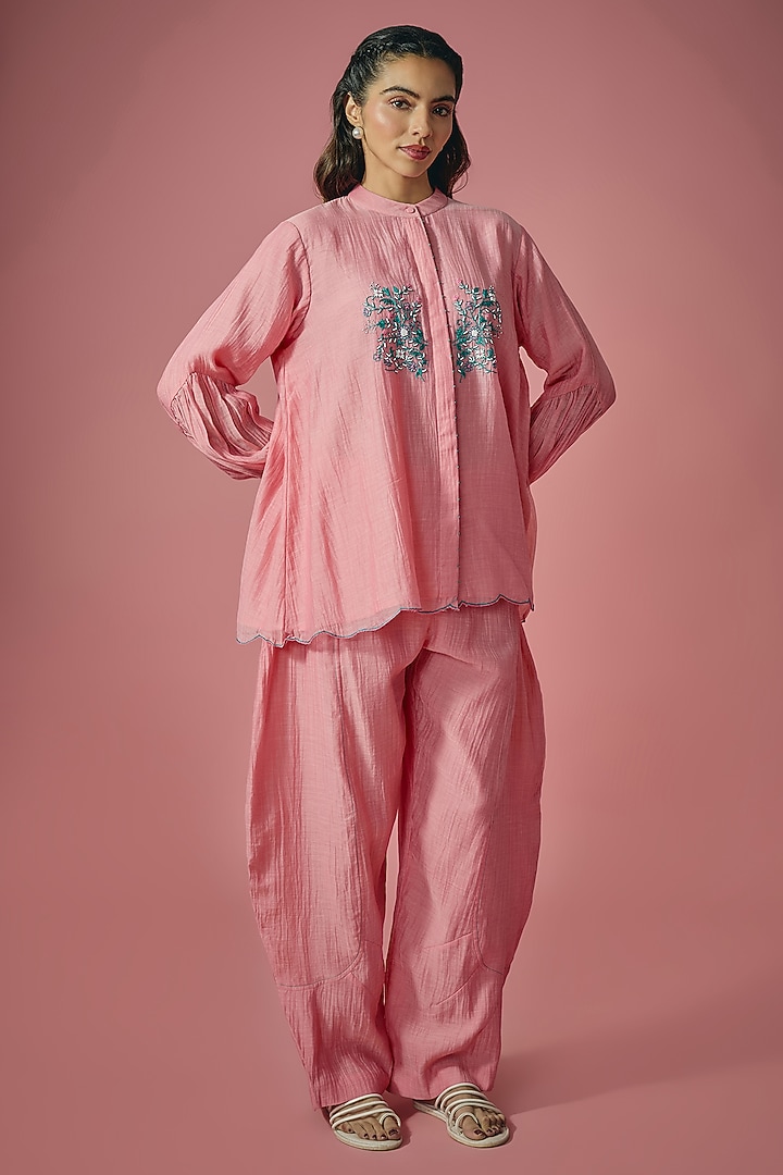 Pink Mul Chanderi Thread & Pearl Embroidered Co-ord Set by Cupid Cotton at Pernia's Pop Up Shop