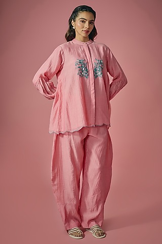 Pink Mul Chanderi Thread & Pearl Embroidered Co-ord Set by Cupid Cotton