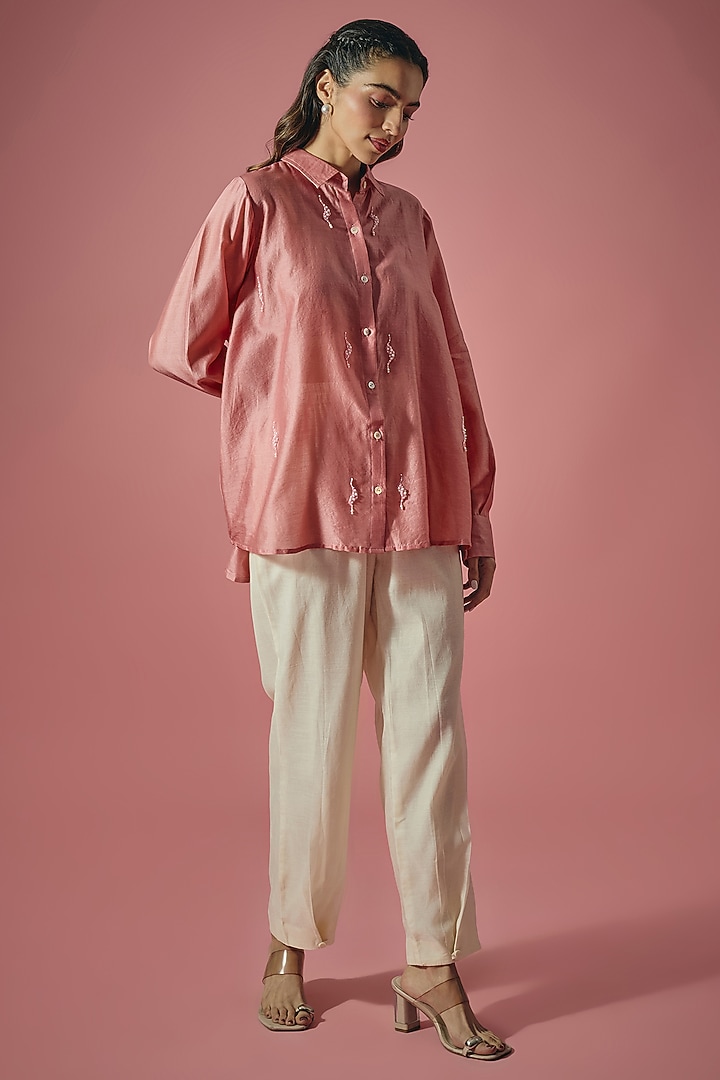 Rust Pink Chanderi Silk Pearl Embroidered Shirt by Cupid Cotton at Pernia's Pop Up Shop