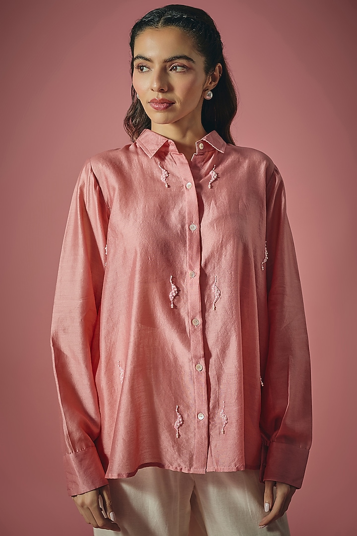 Rust Pink Chanderi Silk Pearl Embroidered Shirt by Cupid Cotton at Pernia's Pop Up Shop