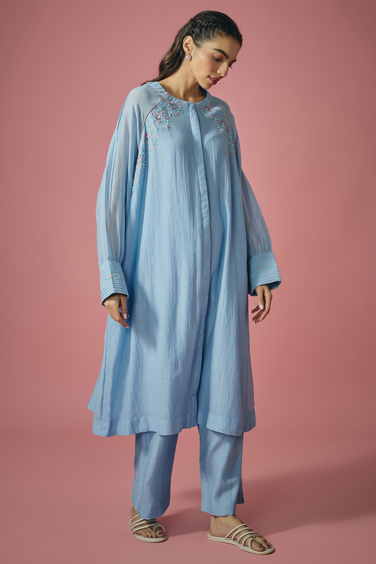 Cupid Cotton Light Blue Mul Chanderi Thread & Pearl Embroidered Kurta Set
