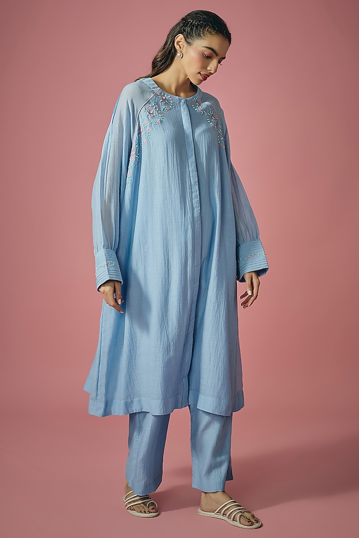 Light Blue Mul Chanderi Thread & Pearl Embroidered Kurta Set by Cupid Cotton at Pernia's Pop Up Shop