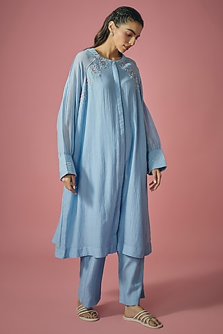 Light Blue Mul Chanderi Thread & Pearl Embroidered Kurta Set by Cupid Cotton