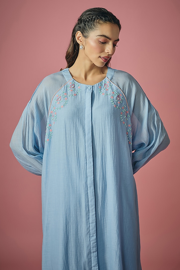 Light Blue Mul Chanderi Thread & Pearl Embroidered Kurta Set by Cupid Cotton at Pernia's Pop Up Shop