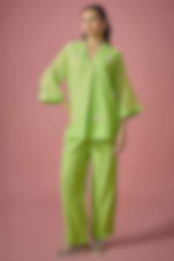 Green Mul Chanderi Pearl Embellished Co-ord Set by Cupid Cotton at Pernia's Pop Up Shop