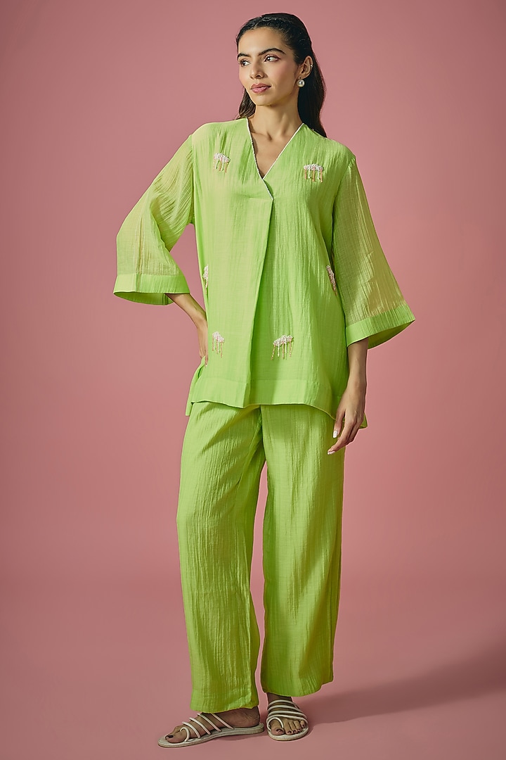 Green Mul Chanderi Pearl Embellished Co-ord Set by Cupid Cotton at Pernia's Pop Up Shop
