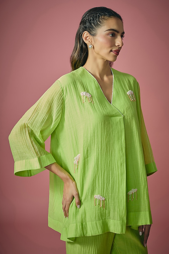 Green Mul Chanderi Pearl Embellished Co-ord Set by Cupid Cotton at Pernia's Pop Up Shop