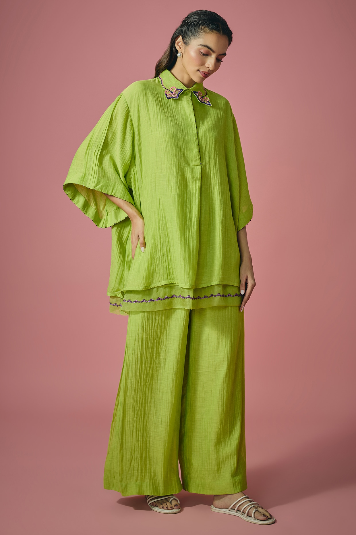 Cupid Cotton Green Mul Chanderi Resham Cutdana Embroidered Co-ord Set