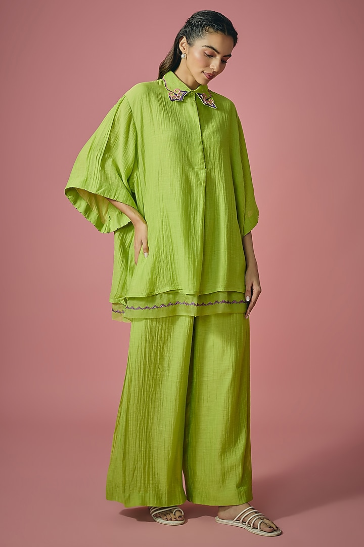 Green Mul Chanderi Resham Cutdana Embroidered Co-ord Set by Cupid Cotton at Pernia's Pop Up Shop