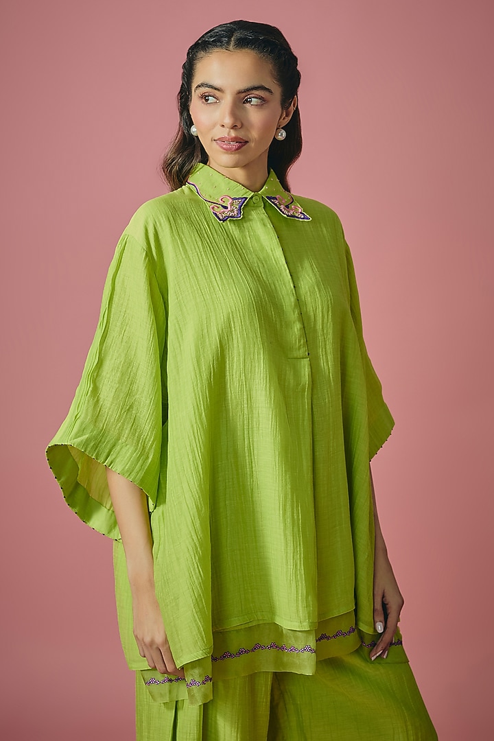 Green Mul Chanderi Resham Cutdana Embroidered Co-ord Set by Cupid Cotton at Pernia's Pop Up Shop
