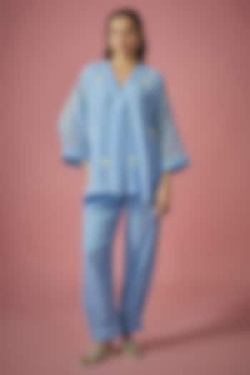Light Blue Mul Chanderi Pearl Embroidered Co-ord Set by Cupid Cotton at Pernia's Pop Up Shop