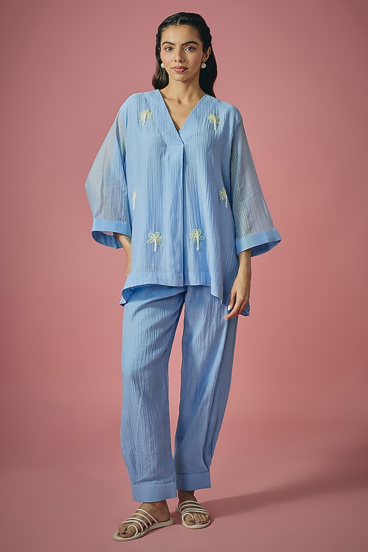 Light Blue Mul Chanderi Pearl Embroidered Co-ord Set by Cupid Cotton at Pernia's Pop Up Shop