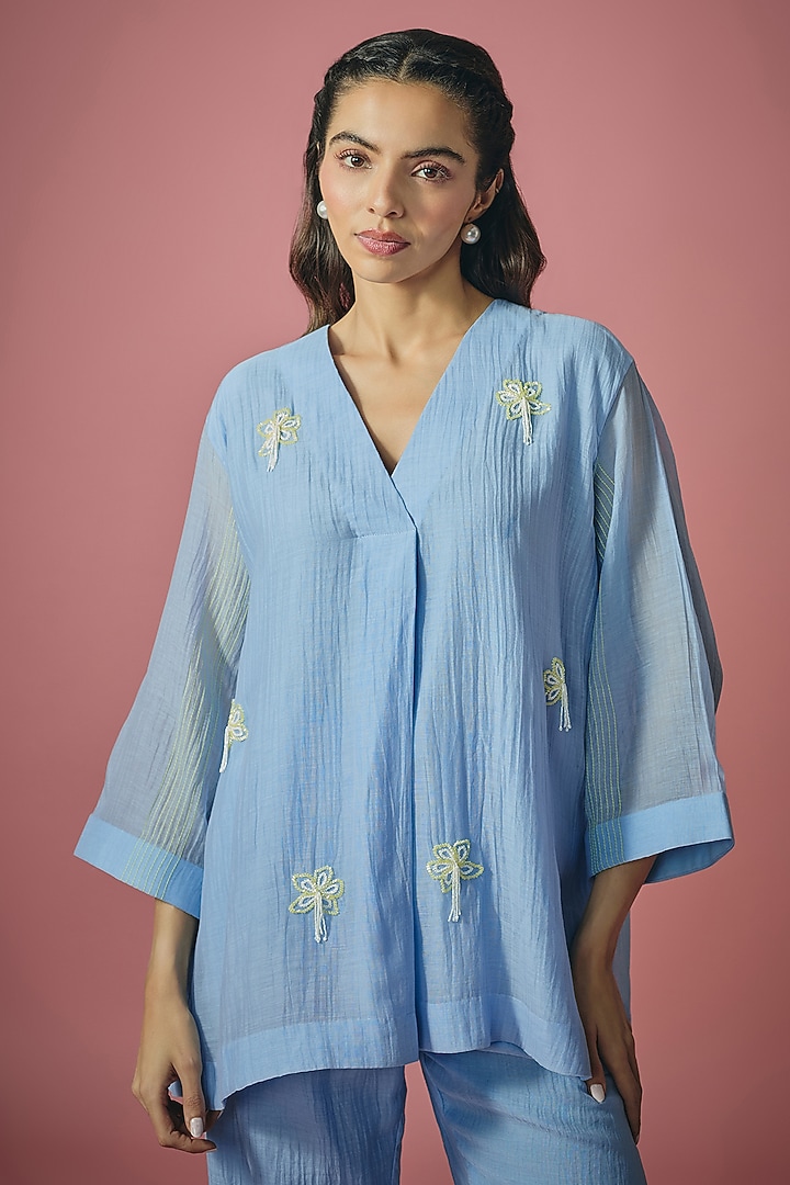 Light Blue Mul Chanderi Pearl Embroidered Co-ord Set by Cupid Cotton at Pernia's Pop Up Shop
