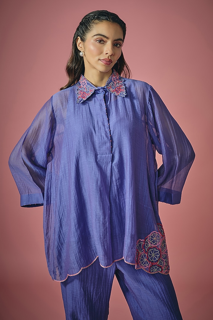 Blue Mul Chanderi Resham & Cutdana Embroidered Co-ord Set by Cupid Cotton at Pernia's Pop Up Shop