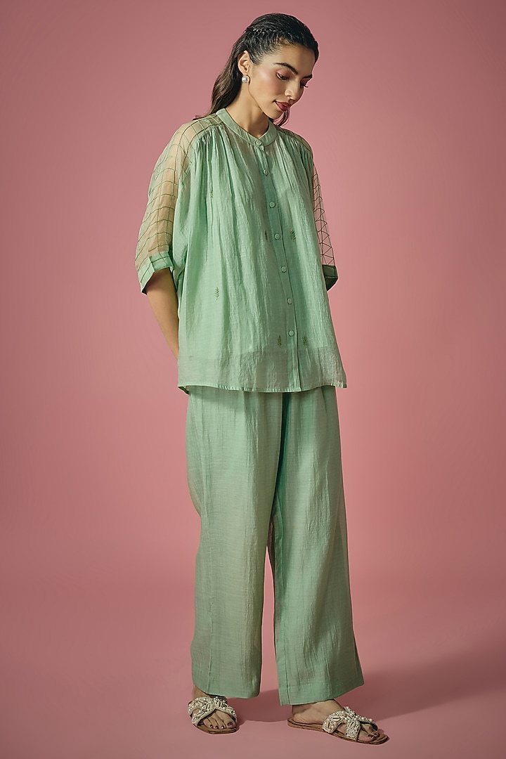 Pista Green Mul Chanderi Resham Sequin Embroidered Co-ord Set by Cupid Cotton at Pernia's Pop Up Shop