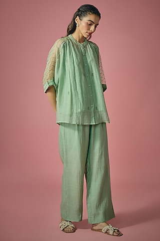 Pista Green Mul Chanderi Resham Sequin Embroidered Co-ord Set by Cupid Cotton