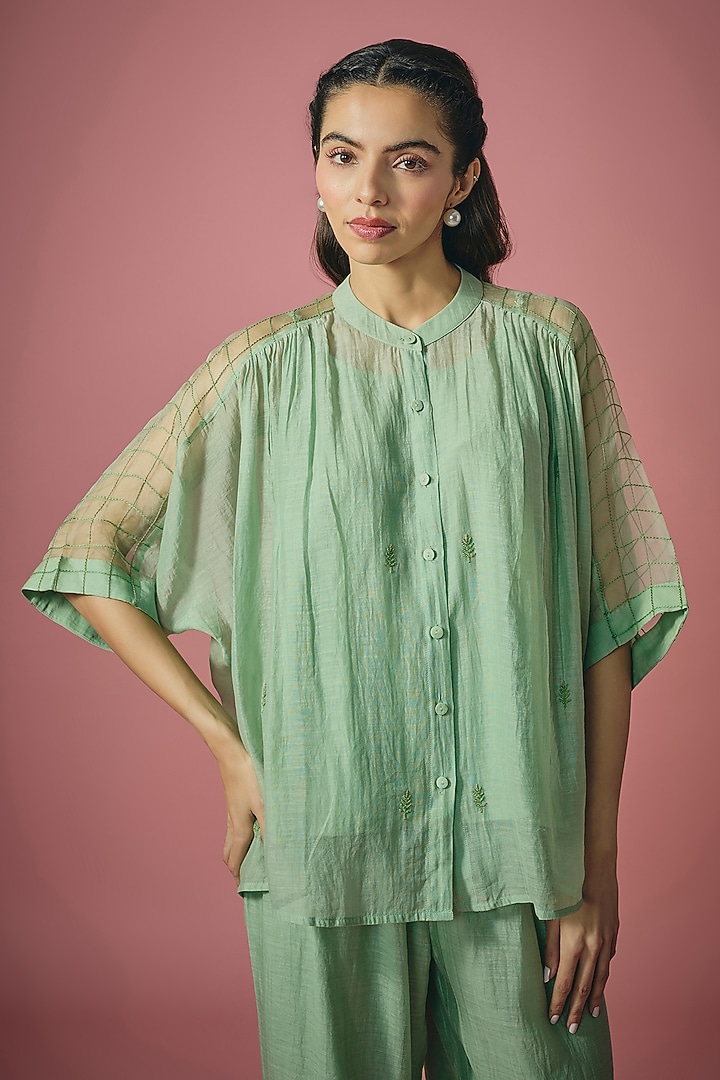 Pista Green Mul Chanderi Resham Sequin Embroidered Co-ord Set by Cupid Cotton at Pernia's Pop Up Shop