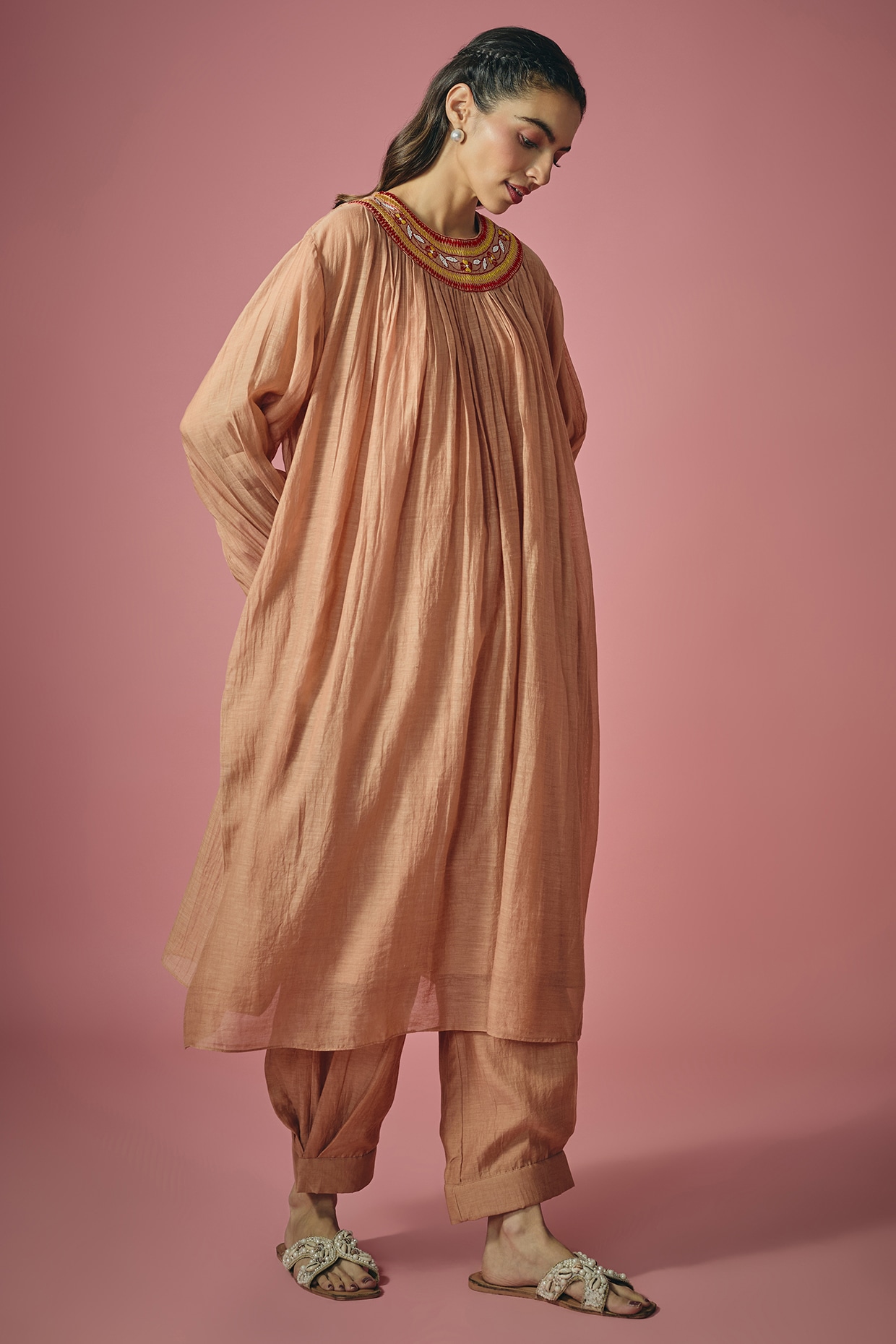 Cupid Cotton Rust Mul Chanderi Resham & Poth Embroidered Kurta Set