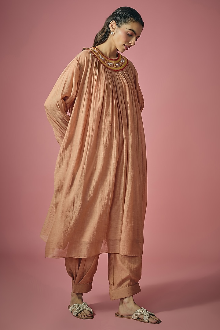 Rust Mul Chanderi Resham & Poth Embroidered Kurta Set by Cupid Cotton at Pernia's Pop Up Shop