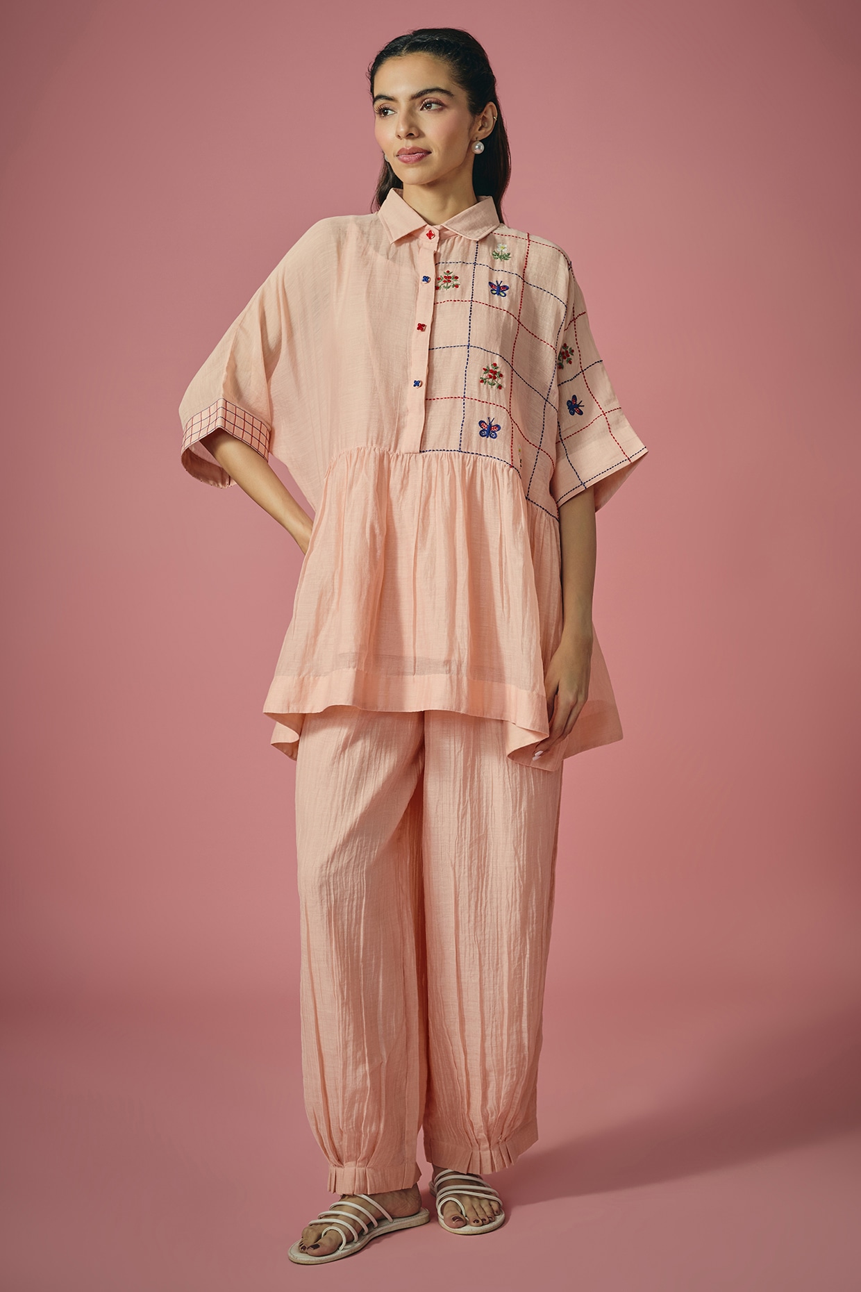 Cupid Cotton Peach Mul Chanderi Resham Embroidered Co-ord Set