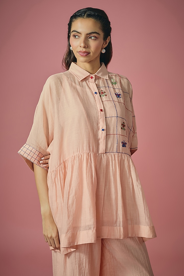 Peach Mul Chanderi Resham Embroidered Co-ord Set by Cupid Cotton at Pernia's Pop Up Shop