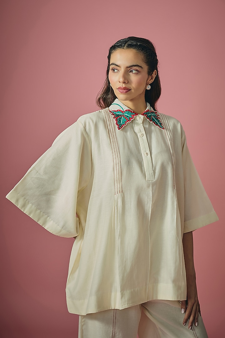 Ivory Mul Chanderi Resham & Sequin Embroidered Co-ord Set by Cupid Cotton at Pernia's Pop Up Shop