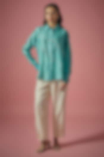 Teal Chanderi Silk Saali & Resham Embroidered Shirt by Cupid Cotton at Pernia's Pop Up Shop