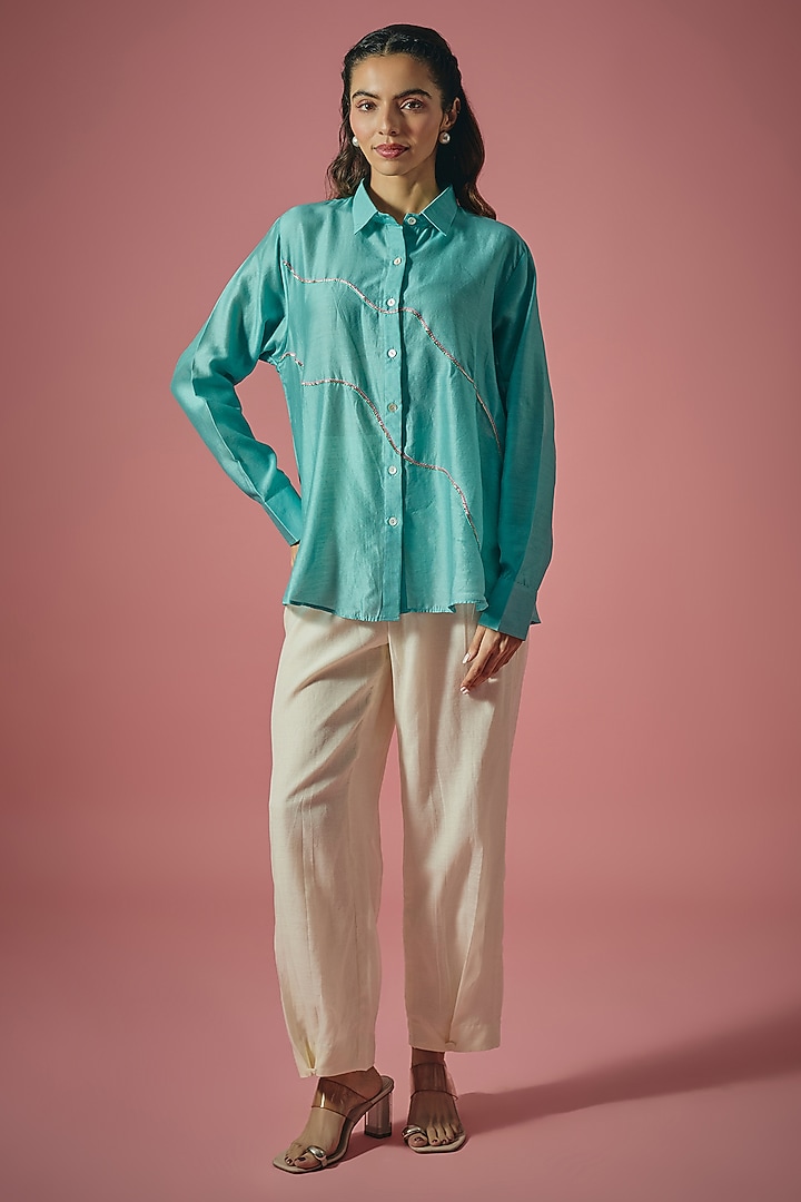 Teal Chanderi Silk Saali & Resham Embroidered Shirt by Cupid Cotton at Pernia's Pop Up Shop