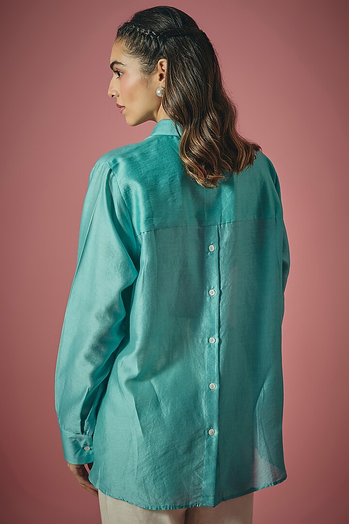 Teal Chanderi Silk Saali & Resham Embroidered Shirt by Cupid Cotton at Pernia's Pop Up Shop
