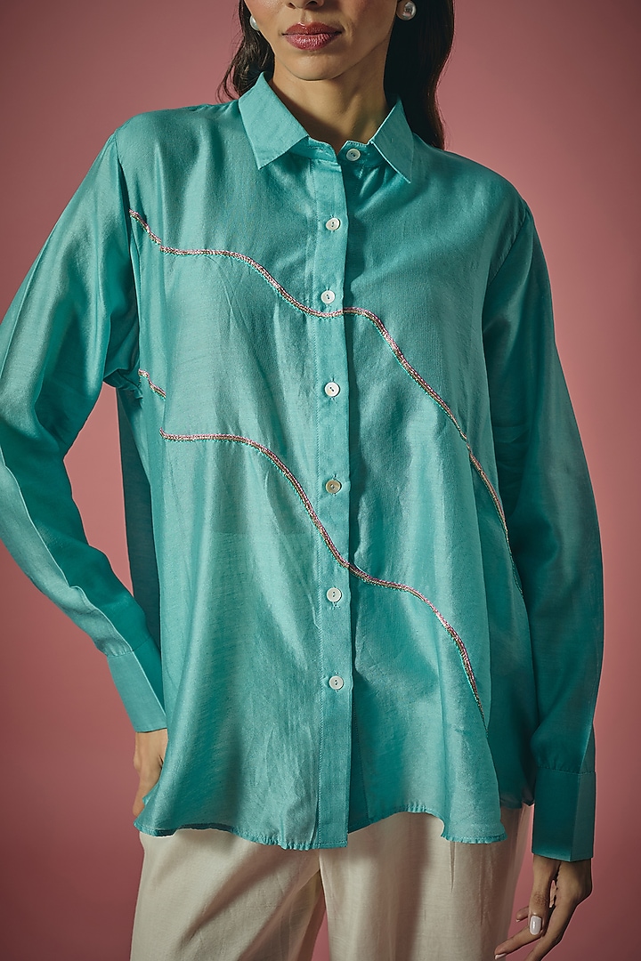 Teal Chanderi Silk Saali & Resham Embroidered Shirt by Cupid Cotton at Pernia's Pop Up Shop