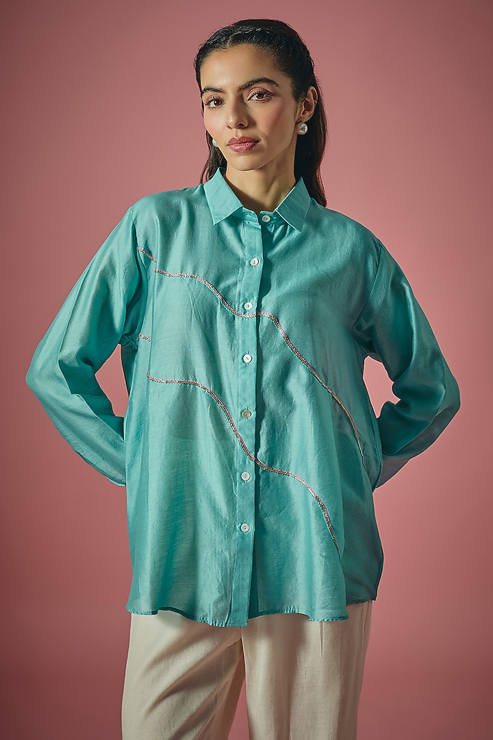 Teal Chanderi Silk Saali & Resham Embroidered Shirt by Cupid Cotton at Pernia's Pop Up Shop