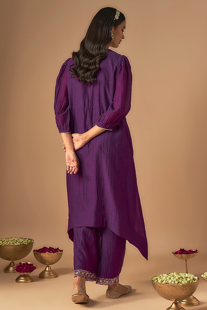 Purple Handwoven Chanderi Pitta Embroidered Kurta Set by Cupid Cotton at Pernia's Pop Up Shop