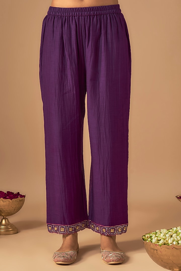Purple Handwoven Chanderi Pitta Embroidered Kurta Set by Cupid Cotton at Pernia's Pop Up Shop