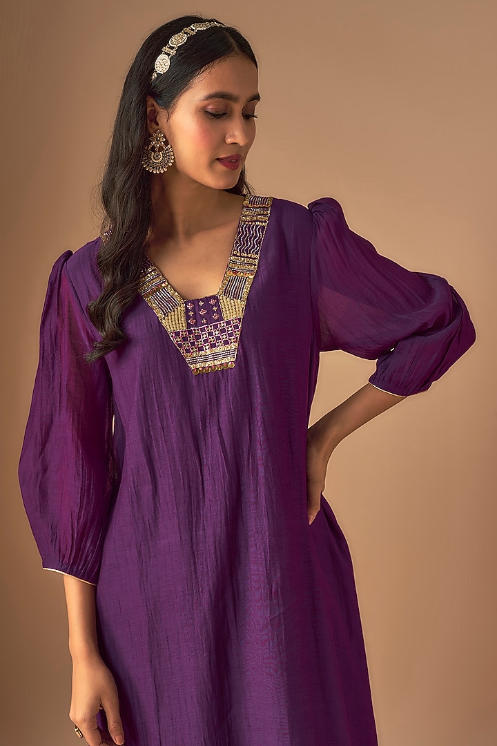 Purple Handwoven Chanderi Pitta Embroidered Kurta Set by Cupid Cotton at Pernia's Pop Up Shop